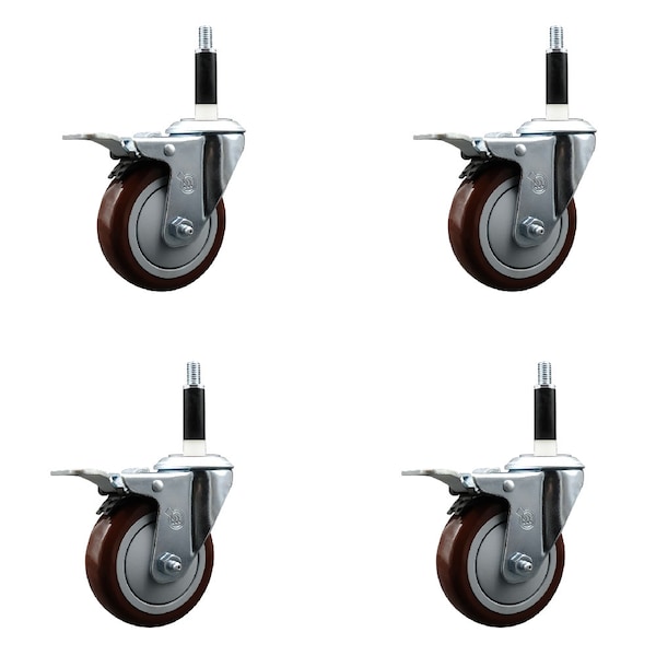 4'' Maroon Poly Swivel 7/8'' Expanding Stem Caster Set Total Lock Brake, 4PK